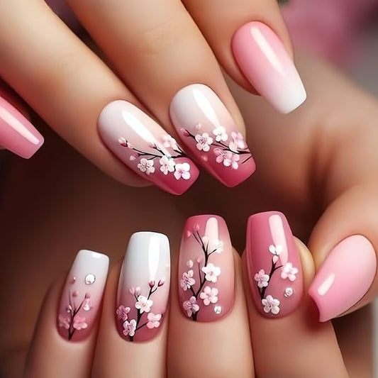 Press on Nails Medium Coffin Fake Nails with Flower Designs Nude Pink Gradient Full Cover Stick on Nails Purple Artificial Acrylic Nails for Women and Girls