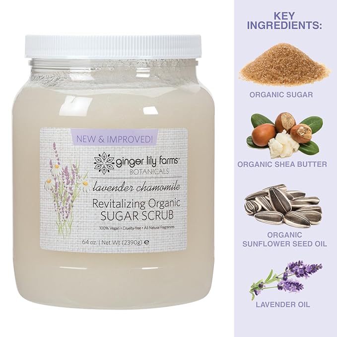 Ginger Lily Farms Botanicals Revitalizing Organic Sugar Scrub, All-Natural Skin Exfoliating Sugar Crystals, 100% Vegan & Cruelty-Free, Lavender Chamomile, 64 oz.-VivaGrace Women