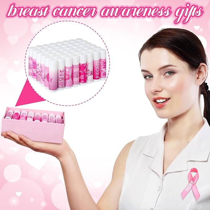 50 Pack Breast Cancer Awareness Favors Bulk Lip Balms Gifts Pink Ribbon Lip Balms Favors Breast Cancer Awareness Month Accessories Support Party Items Decorations for Women Men Survivors-VivaGrace Women
