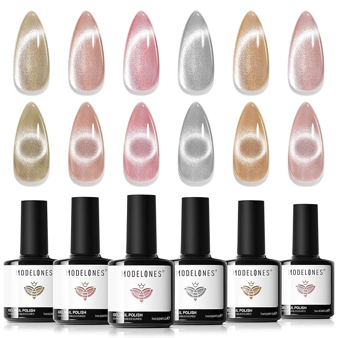 Modelones Cat Eye Gel Nail Polish Set, Holographic Glitter 6 Colors with Magnet, Sparkle Galaxy Series Nude Pink Gel Polish, Soak Off Led Gel Polish Kit, Nail Art, Salon DIY Gifts-VivaGrace Women