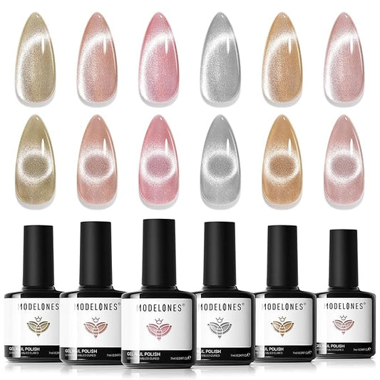 Modelones Cat Eye Gel Nail Polish Set, Holographic Glitter 6 Colors with Magnet, Sparkle Galaxy Series Nude Pink Gel Polish, Soak Off Led Gel Polish Kit, Nail Art, Salon DIY Gifts-VivaGrace Women
