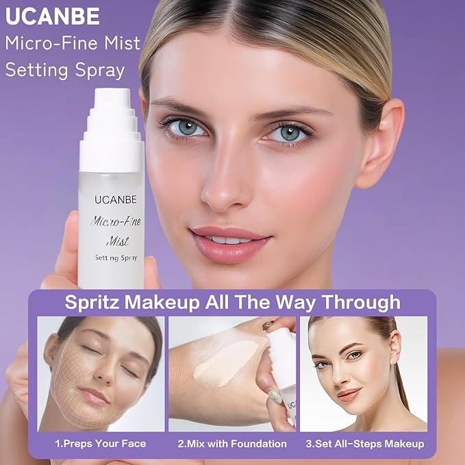 UCANBE Dewy Setting Spray for Makeup, Long Lasting Hydrating Make Up Finishing Spray for Face, Micro-Fine Mist Fixing Spray for Dewy Glow Finish, Lightweight & Waterproof for up to 16 Hours Wear-VivaGrace Women