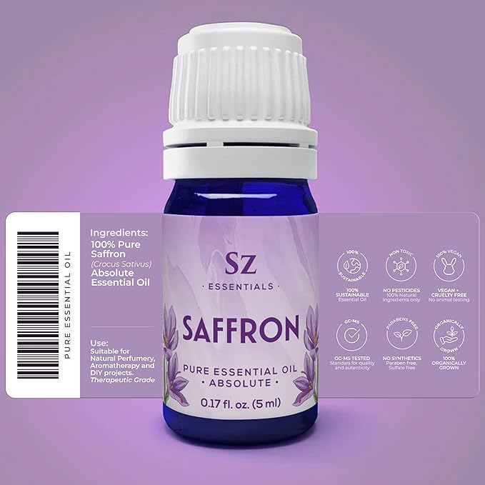 Saffron Essential Oil, 100% Pure, Extracted from Stigmas of The Saffron Flower - Spicy & Floral Scent with Earthy Overtones - Therapeutic Grade & Vegan - 0.17oz (5ml)-VivaGrace Women