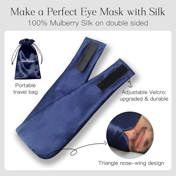 100% Natural Silk Eye Mask for Women Men, Soft Pressureless Cooling Blackout Eye Covers for Sleeping, Large Size Sleep Mask fits All Heads Adjustable, 1PC, Navy Blue-VivaGrace Women