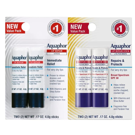 Aquaphor Lip Repair, Moisturizing Lip Balm Set, Soothes Dry Chapped Lips, Lip Repair Stick, 0.17 Oz (Pack of 2) + Lip Repair and Protect Stick, Lip Balm with Sunscreen SPF 30, 0.17 Oz (Pack of 2)-VivaGrace Women