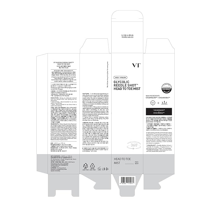 VT COSMETICS 7% Glycolic Acid Reedle Shot Head-to-Toe Mist with Niacinamide, Exfoliating Spray for Bumpy & Strawberry Skin, Dark Spots, Skin Texture, Keratosis Pilaris, Korean Skincare (4.05 fl oz)-VivaGrace Women