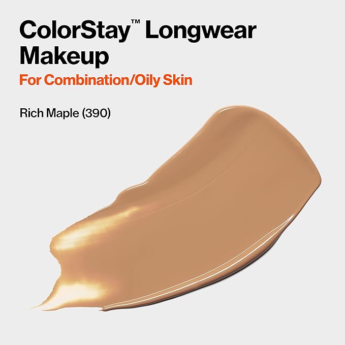Revlon Liquid Foundation, ColorStay Face Makeup for Combination & Oily Skin, SPF 15, Medium-Full Coverage with Matte Finish, Rich Maple (390), 1.0 oz-VivaGrace Women