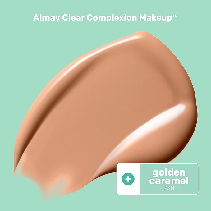 Almay Clear Complexion Acne Foundation Makeup with Salicylic Acid - Lightweight, Medium Coverage, Hypoallergenic, Fragrance-Free, for Sensitive Skin, 730 Golden Caramel, 1 fl oz.-VivaGrace Women