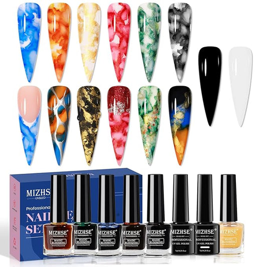 MIZHSE Glitter Marble Nail Polish Set, 8 Colors Marble Ink for Nails Blooming Gel Nail Polish Watercolor Ink Polish for Nails Design Home DIY