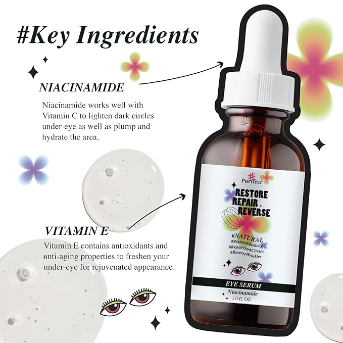 Made in USA Natural Peptide Retinol Niacinamide Eye Serum Anti Aging Brightening Firming Under Eye Care Non-greasy Formula - 1oz/30ml (#Purifect RestoreRepairReverse Niacinamide Eye Serum)-VivaGrace Women