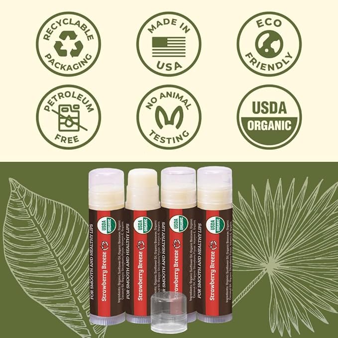 USDA Organic Lip Balm 4-Pack by Earth's Daughter - Strawberry Flavor, Beeswax, Coconut Oil, Vitamin E - Best Lip Repair Chapstick for Dry Cracked Lips.-VivaGrace Women
