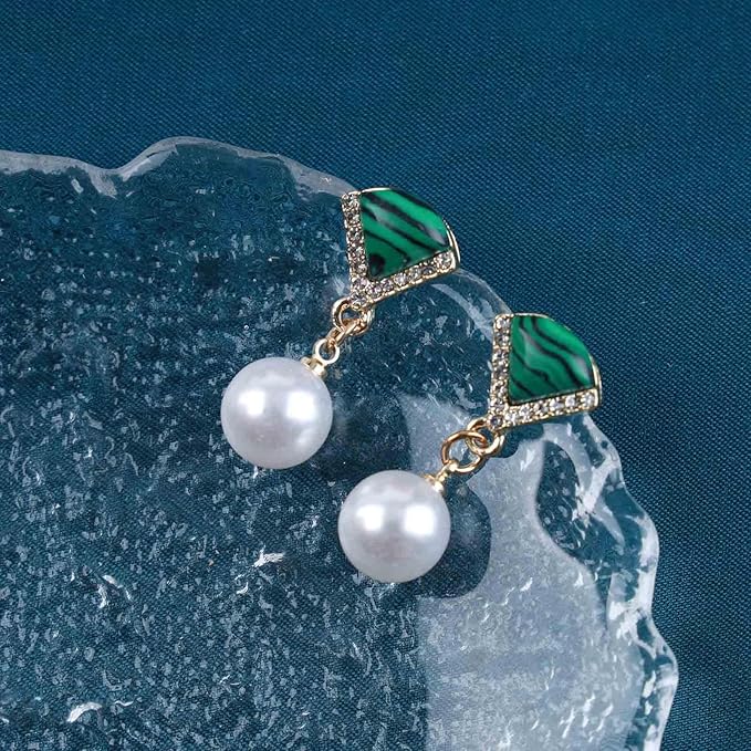 Vintage Cz Emerald Pearl Earrings Gold Pearl Drop Earrings Triangle Emerald Earrings Geometric Emerald Stud Earrings Jewelry for Women and Girls-VivaGrace Women