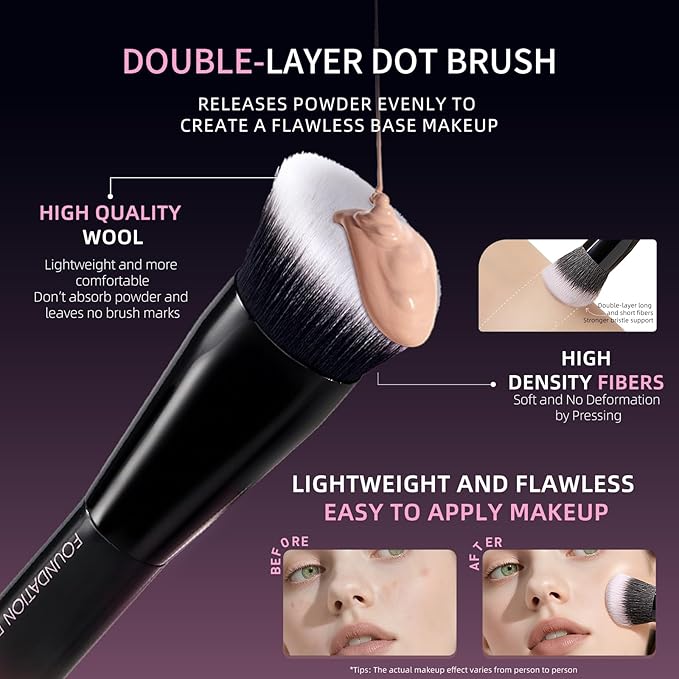 Makeup Brush Set, Flat Top Kabuki Brush Premium Foundation Brush for Liquid, Cream, and Powder with 2 Makeup Sponge for Foundation, Powder, Blush, and Concealer-VivaGrace Women