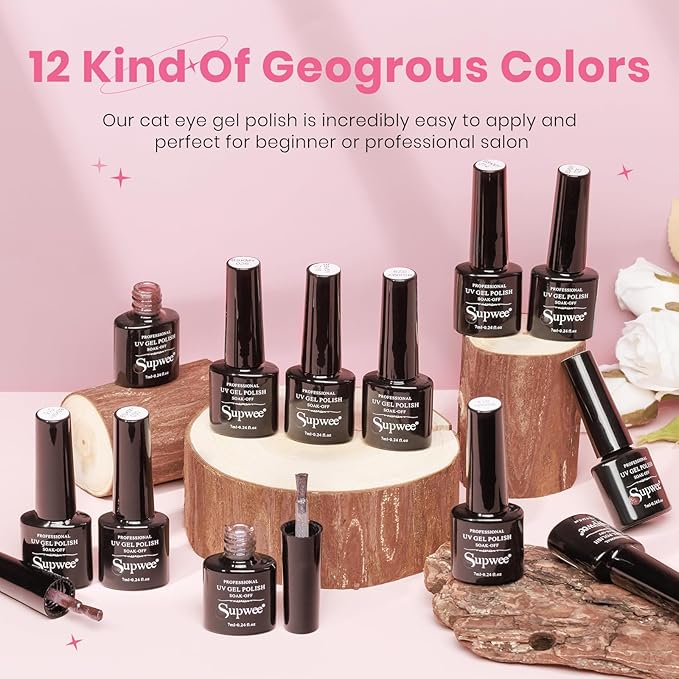 Crystal Cat Eye Gel Nail Polish 12 Colors Cateye Magnetic Nail Polish Gel Silver Nude Pink Cats Eye Gel Polish with Magnetic Stick Christmas Nail Art Manicure Salon DIY Home Gift for Women