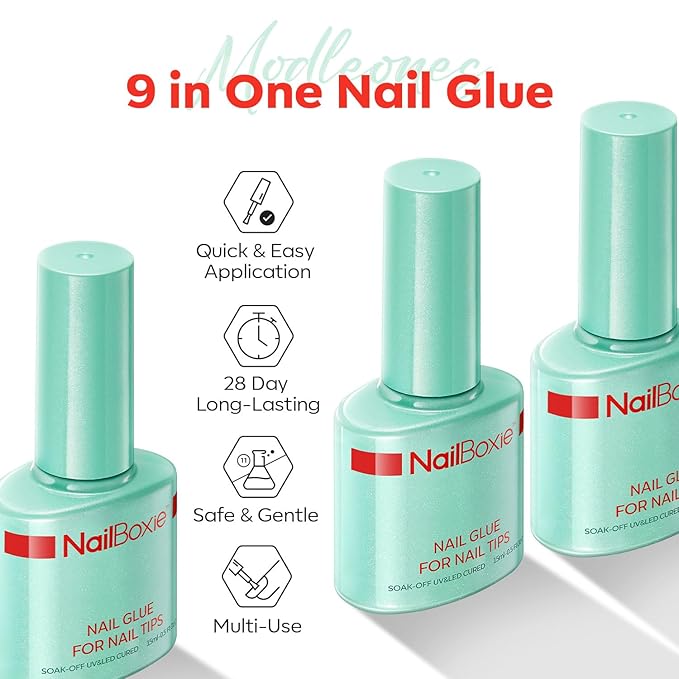 modelones Nail Glue for Nail Tips, 9 in One Glue for Press Ons, Clear Tips, Need U V Light Cured, 15ML-VivaGrace Women