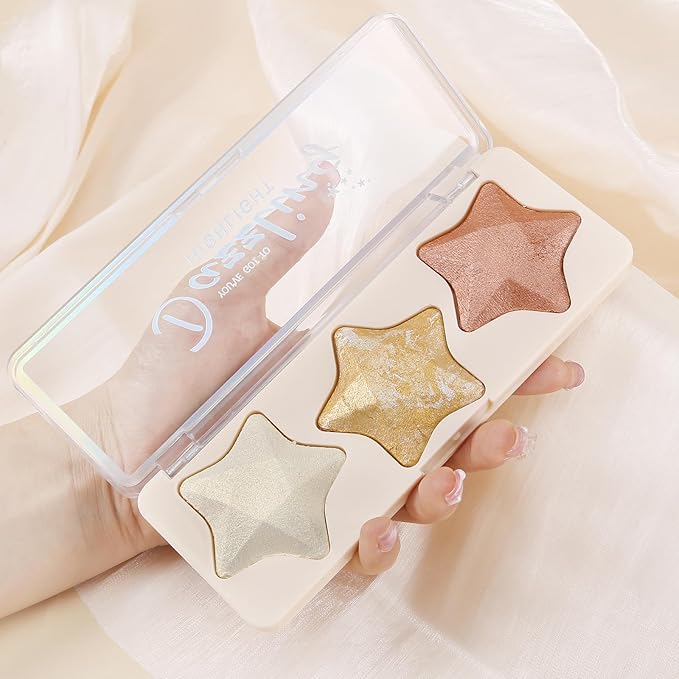 Boobeen 3 Colors Baked Shimmer Highlight & Blush Palette, Powder Palette Facial Bronzers Illuminator Makeup Palette, Lightweight Highlighter Blusher Contour for Cheeks, Lasting Natural Glowing-VivaGrace Women