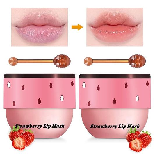 2PCS Lip Mask Overnight, Honey&Strawberry Moisturizing Repair Sleeping Lip Balm, Fade Lip Lines Bee Lip Balm, Hydrating &Prevention Dry and Crack Lip Scrubs Exfoliator (Strawberry & Strawberry)-VivaGrace Women