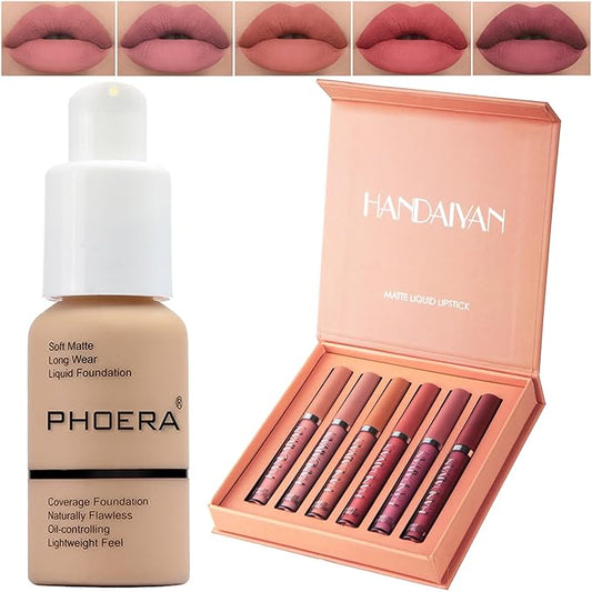 PHOERA Foundation,6 Pcs Matte Liquid Lipstick Makeup Set, Matte liquid Long-Lasting Wear,PHOERA Makeup Foundation Full Coverage(104- Buff Beige)-VivaGrace Women