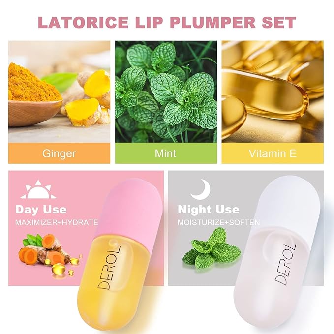 DEROL Lip Plumper Set, Lip Plumper Gloss, Natural Lip Plumper and Lip Care Serum, Lip Enhancer for Fuller, Lip Mask, Beautiful Fuller, Hydrating & Reduce Fine Lines Day&Night, 5.5ml (WS002)-VivaGrace Women