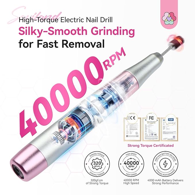 SAVILAND Essentials Electric Nail Drill: 40000RPM High-Torque Nail File Quick Removal for Acrylic Nails Easy Operation Portable Nail Drill for Beginner Home DIY Nail Art Manicure Pedicure-VivaGrace Women