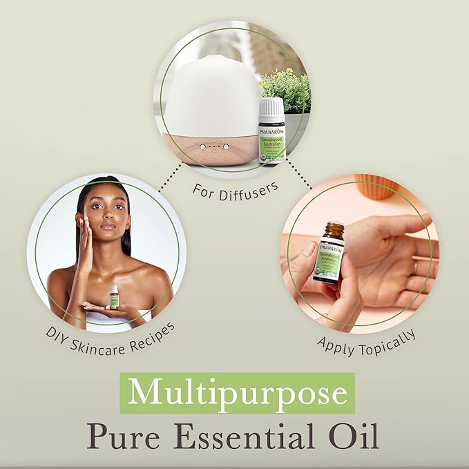 Pranarom USDA Certified Organic Australian Sandalwood Essential Oil (5ml), 100% Pure Natural Therapeutic Grade for Home Diffusing, Aromatherapy, Skincare, Candle Making, DIY Perfumes-VivaGrace Women