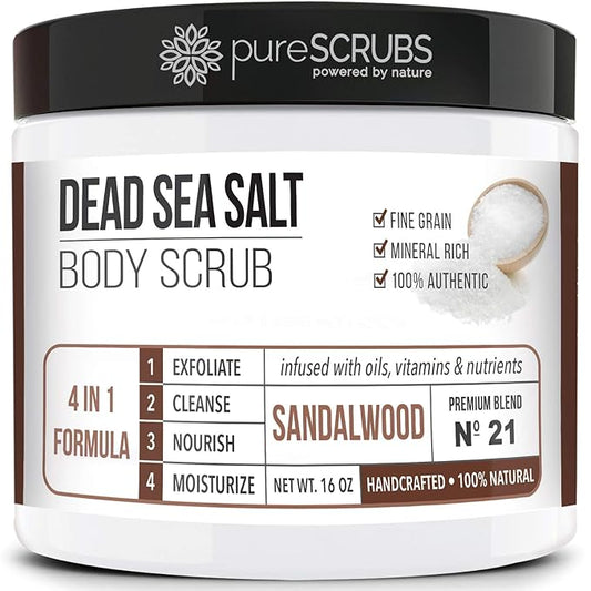 pureSCRUBS Premium Sandalwood Body Scrub Set - Large 16oz Dead Sea Salt Body Scrub With Infused Essential Oils & Nutrients, Includes Wooden Spoon, Loofah & Oatmeal Exfoliating Bar Soap-VivaGrace Women