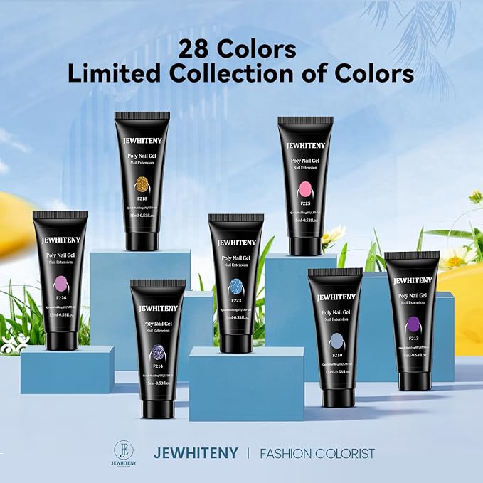 JEWHITENY 28 Colors Poly Nail Gel Set - 15ml Nude Pink Brown Black Grey Blue Yellow Tones for French Manicure DIY Nail Art Salon & Home Use Holiday Gift-VivaGrace Women