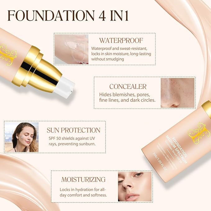 Foundation 4 in 1, SPF 50, Medium Coverage, Hydrating Color Changing Foundation Makeup Liquid, Long-lasting &Waterproof and Sweatproof, Neutral Finish, Suitable for All Skin Types-VivaGrace Women