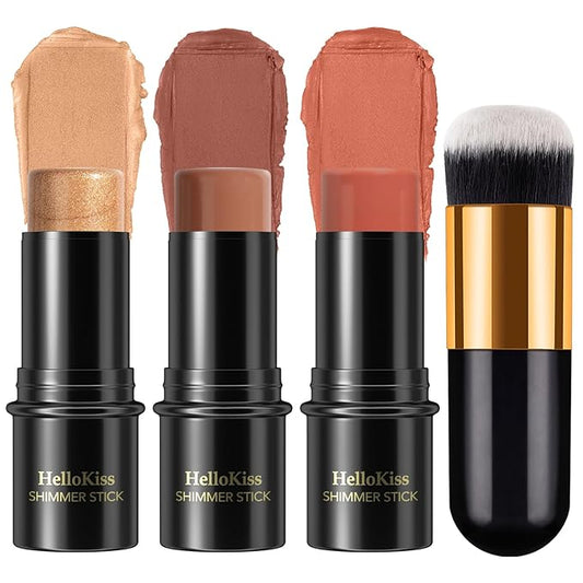 3 Pcs Face Contour Stick Kit, Matte Finish Face Stick Trio with Bronzer Blush Highlighter and Brush, Long Lasting Waterproof Cream Beauty Wand Makeup Set for Sculpt Glowing Face Look (#5, 6, 15)-VivaGrace Women