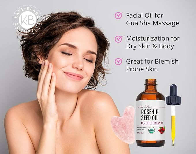 Kate Blanc Cosmetics Rosehip Oil for Face with Pink Gua Sha Stone (1oz, Organic, Pure, Cold Pressed) Rosehip Seed Face Oil for Gua Sha Massage-VivaGrace Women
