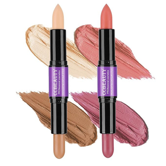 CCbeauty 2pcs 2-IN-1 Matte Contour Highlighter Stick with Blush,Cream Dual-End Highlight Bronzer Concealer & Blusher for Cheeks & Lip, Long Lasting Contouring for Face Shaping Makeup, Medium-Tan-VivaGrace Women