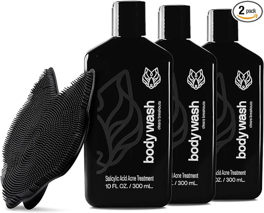 Black Wolf Skincare with Scrubber Gift Set for Men, Body Acne System - Shower Set with 10 Fl Oz, 3 Pack Charcoal Powder & Salicylic Acid for All Skin Types - Rich Lather for Coverage & Deep Clean