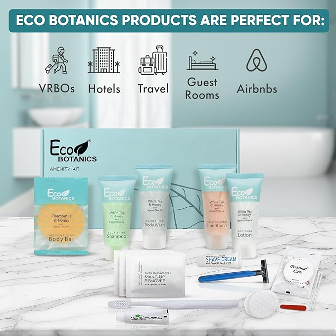 Eco Botanics Amenity & Accessory Kit | 0.85 oz Travel Size Shampoo, Conditioner, Lotion, Body Wash, Soap Bar, Shave & Dental Sets, Make-Up Remover Wipes, & Vanity Kit | 60 sets per case-VivaGrace Women