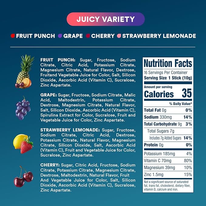 DripDrop Hydration Packets - Juicy Variety Pack - Single Serve Electrolytes Powder Drink Mix - Grape, Fruit Punch, Strawberry Lemonade, Cherry - Non-GMO, Gluten Free, Vegan - 16 Sticks-VivaGrace Women