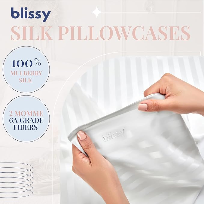Blissy Silk Pillowcase - 100% Pure Mulberry Silk - 22 Momme 6A High-Grade Fibers - Silk Pillow Cover for Hair & Skin - Regular, Queen & King (White Striped, Standard)-VivaGrace Women