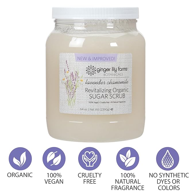 Ginger Lily Farms Botanicals Revitalizing Organic Sugar Scrub, All-Natural Skin Exfoliating Sugar Crystals, 100% Vegan & Cruelty-Free, Lavender Chamomile, 64 oz.-VivaGrace Women