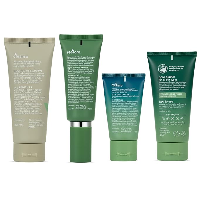 BioClarity 3-Step Essentials Skin Routine + Clarifying Mask for Normal & Oily Skin Types | Cleanse, Restore and Moisturize | Gentle Clean and Hydrate Face |100% Clean, Vegan Ingredients (Mini Size)-VivaGrace Women