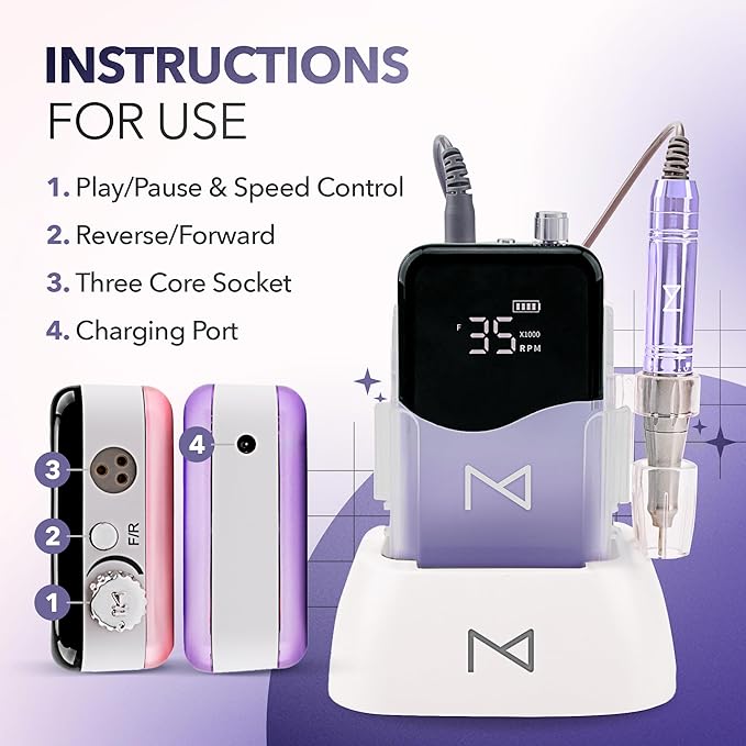 M Mase- Professional Nail Drill Machine - Coreless 2-in-1 Nail File - Electric, Cordless, 35000 RPM, HD Display - Electric Nail Drill for Professional & Home Use (Violet)-VivaGrace Women