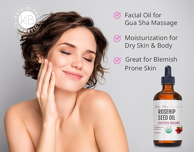 Kate Blanc Cosmetics Rosehip Oil for Face & Softer Glowing Skin (1oz, Organic, Pure, Cold Pressed) Rosehip Seed Face Oil for Facial & Gua Sha Massage-VivaGrace Women