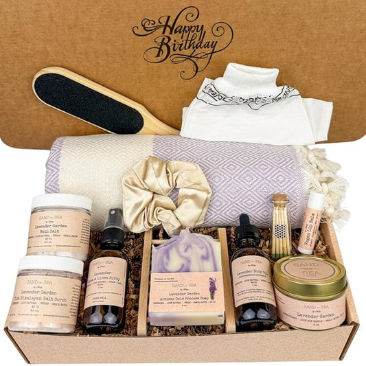 Birthday Gift Baskets for Women, Handmade Lavender Gift Box, Natural Relaxing Spa Self Care Package for Woman 13 Pc, Spa Gifts for Women, Gift Basket for Her, Birthday Box (Lavender Garden)-VivaGrace Women