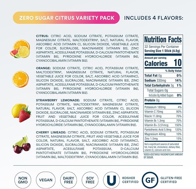 DripDrop Sugar Free Hydration Packets - Zero Citrus Variety Pack - Single Serve Electrolytes Powder Drink Mix - Cherry Limeade, Citrus, Orange, Strawberry Lemonade - Non-GMO, Gluten Free - 32 Sticks-VivaGrace Women