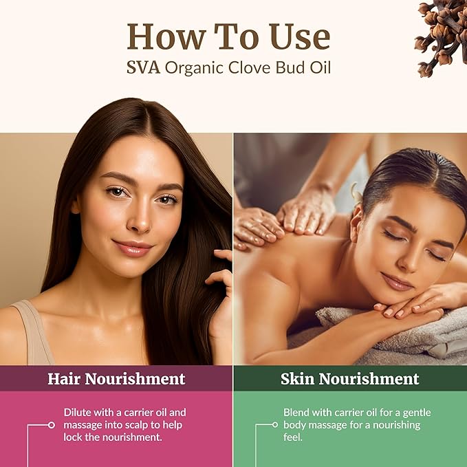 SVA Clove Essential Oil Organic – 4 Fl Oz – 100% Natural Organic Clove Oil - for Diffuser, Hair Care, Face, Skin Care, Aromatherapy, Scalp and Body Massage, Soap and Candle Making - with Dropper-VivaGrace Women
