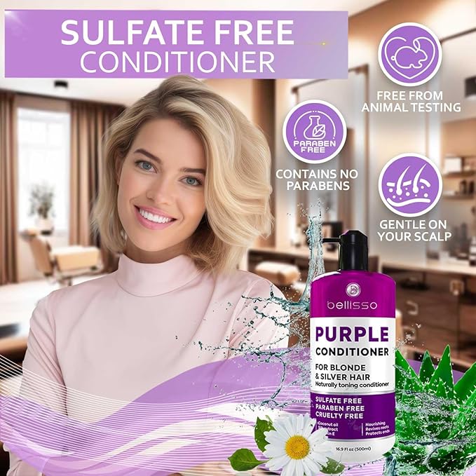 Purple Conditioner for Blonde Hair - Sulfate and Paraben Free Toner - No More Orange and Yellow Brassy Tones - More Balance for Color Treated, Bleached, Silver, White and Gray Hair - Women and Men-VivaGrace Women