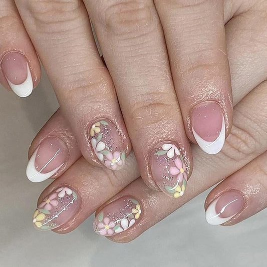 White French tips Press on Nails Medium Almond Fake Nails with Design White Flower Glue on Nails Glitter Glossy Spring Nails Reusable Summer False Nails for Women Girls Manicure 24pcs