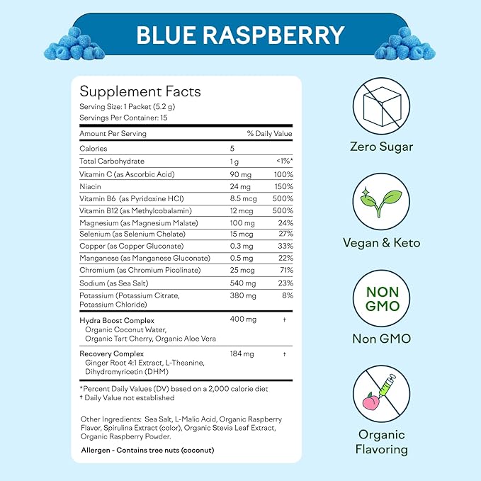Feel Goods Hydration Hero, 1,000mg Electrolytes Powder, Sugar Free, Magnesium, Organic Aloe Vera, L Theanine, Vitamin C & B12, Keto, Vegan, Electrolyte Packets, Blue Raspberry, 15 Count-VivaGrace Women