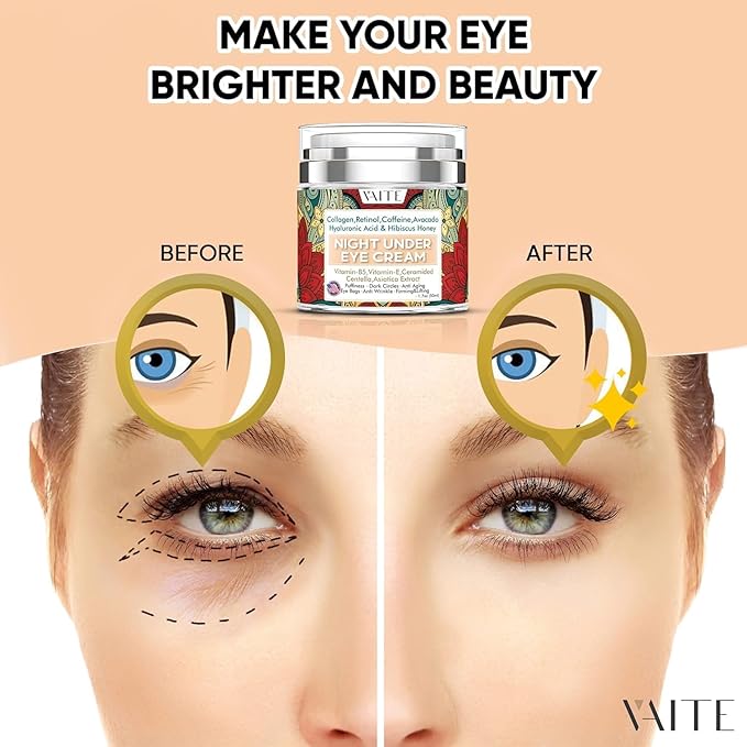 Under Eye Cream with Collagen, Retinol, Caffeine, Avacado Hyaluronic Acid & Hibiscus Honey for Night and Day with Vitamin B5, E for Puffiness Circles Anti Aging Eye Bags and Anti Wrinkle-VivaGrace Women