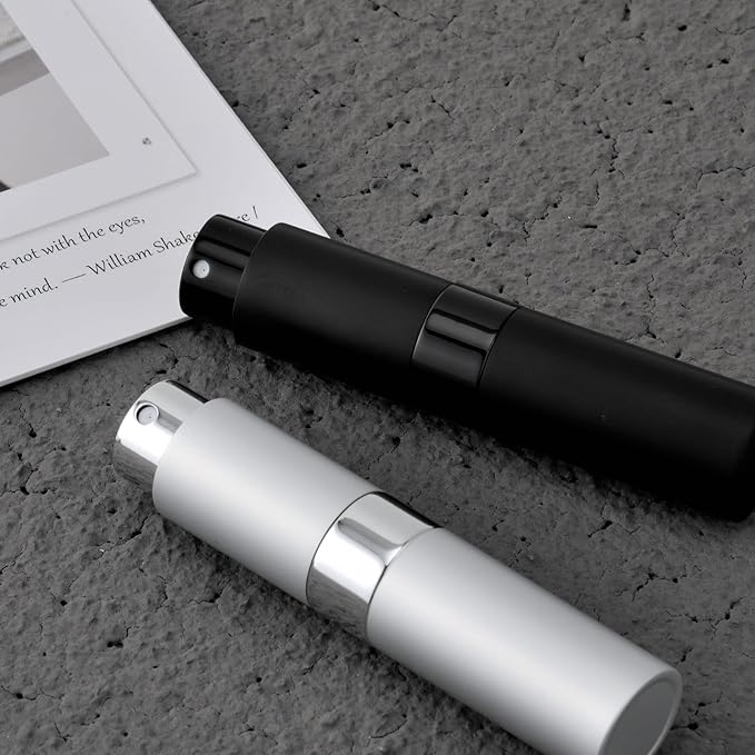 2 PCS/8ml Portable Mini Perfume Atomizer bottles, Empty Refillable Spray Bottle with 3 Types of Refill Tools, Pocket Travel Perfume Sample Bottles(Matte Black&Silver)-VivaGrace Women
