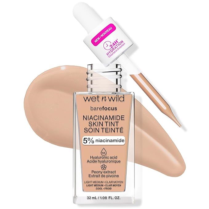 wet n wild Bare Focus Skin Tint,5% Niacinamide Enriched, Buildable Sheer Lightweight Coverage,Natural Radiant Finish,Hyaluronic & Vitamin Hydration Boost,Cruelty-Free & Vegan-Light Medium Sand-VivaGrace Women