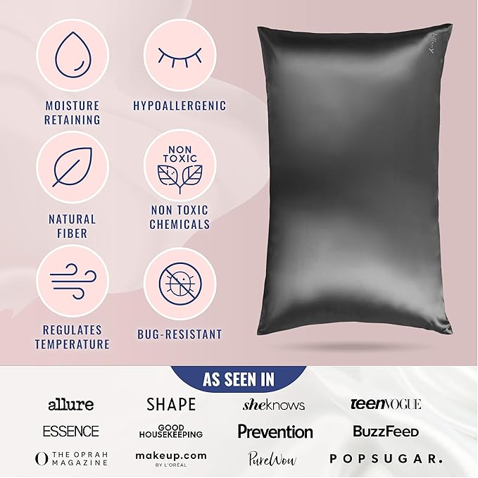Blissy Silk Pillowcase - 100% Pure Mulberry Silk - 22 Momme 6A High-Grade Fibers - Silk Pillow Cover for Hair & Skin - Regular, Queen & King (Gray, Queen)-VivaGrace Women