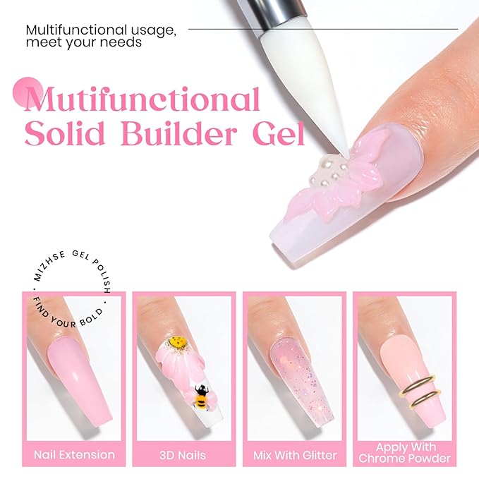 MIZHSE Solid Nail Builder Gel, 2.1 oz 60g Pink Builder Gels for Nails Non-Sticky Solid Builder Extensions Hard Gel with 24pcs Dual Forms and Silicone Pen 3D Art Manicure Set-VivaGrace Women